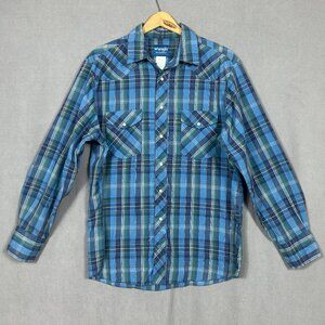Wrangler Shirt Men's Large Western Pearl Snap Vintage Blue Green Plaid Ranchwear